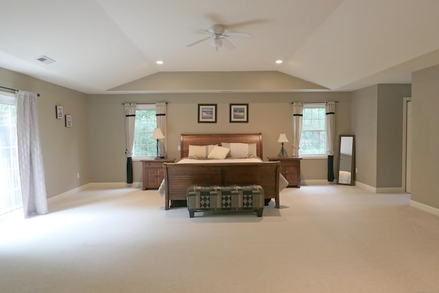 46 Brookfield Rd, Seymour, CT 06483 - bedroom featuring light carpet, baseboards, vaulted ceiling, multiple windows, and recessed lighting