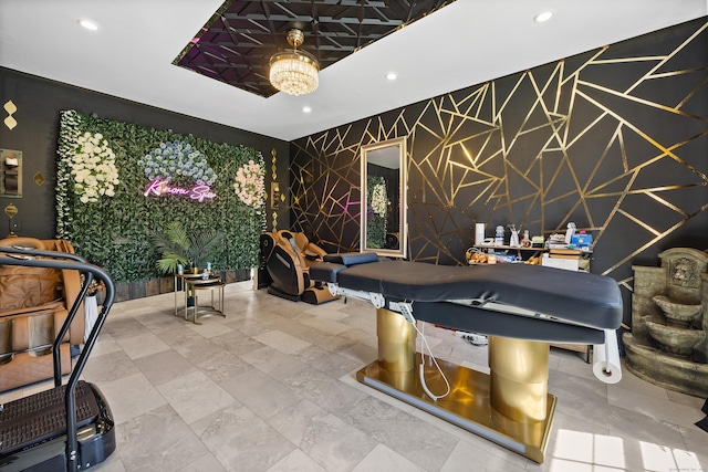 recreation room featuring recessed lighting and wallpapered walls