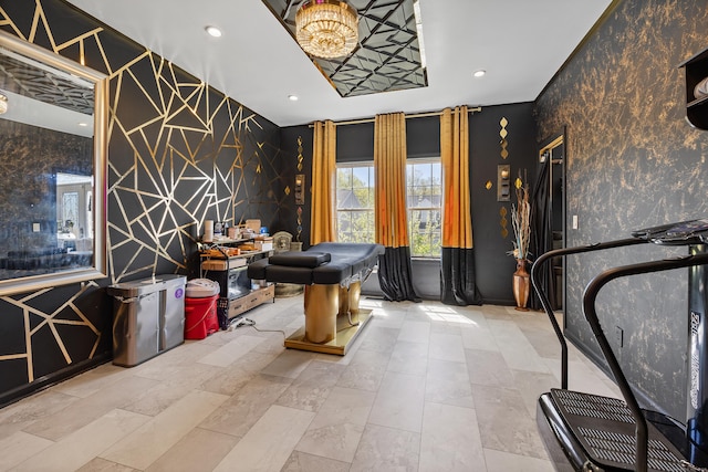 recreation room featuring recessed lighting, an accent wall, and wallpapered walls