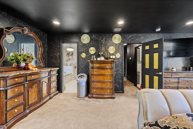bedroom featuring light colored carpet, recessed lighting, and wallpapered walls