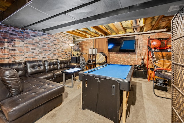 game room with billiards, carpet flooring, and brick wall