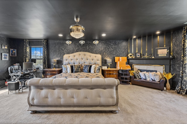 carpeted bedroom with recessed lighting