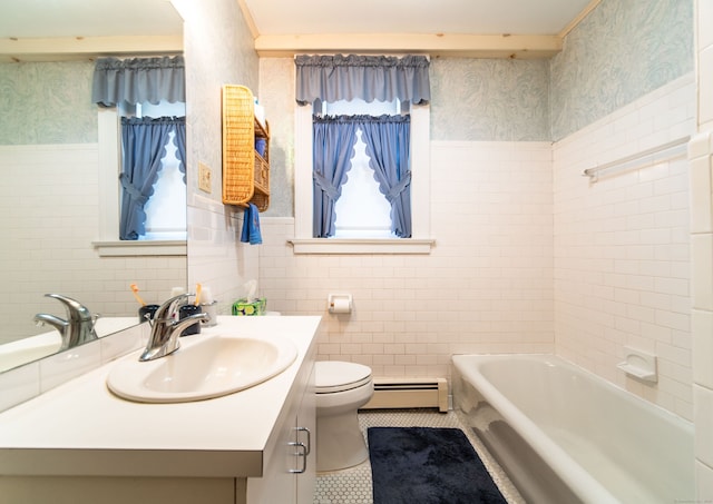 496 Whitney Ave Unit 1C, New Haven, CT 06511 - bathroom featuring baseboard heating, wallpapered walls, tile patterned flooring, vanity, and a wainscoted wall