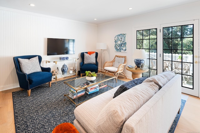 1 Maple St Unit 1, New Canaan, CT 06840 - living area featuring crown molding, recessed lighting, baseboards, and wood finished floors