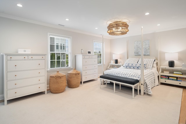 1 Maple St Unit 1, New Canaan, CT 06840 - bedroom featuring ornamental molding, carpet, visible vents, and recessed lighting