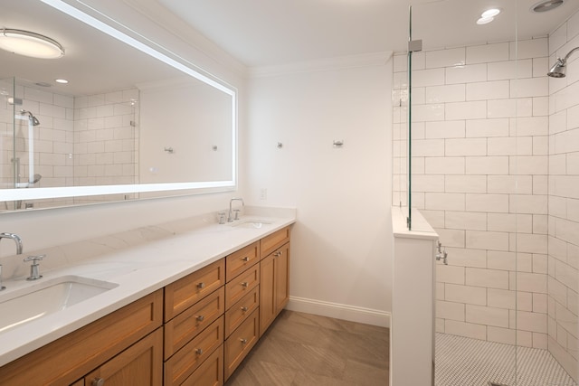 1 Maple St Unit 1, New Canaan, CT 06840 - full bathroom with a shower stall, crown molding, double vanity, and a sink