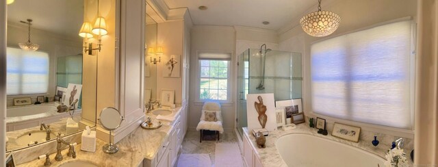 bathroom featuring a bath, a stall shower, and a wealth of natural light