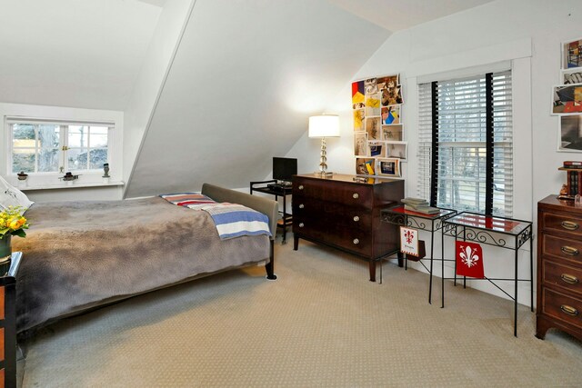 bedroom featuring carpet flooring and vaulted ceiling