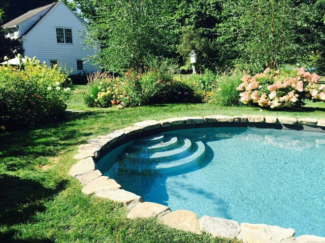 outdoor pool with a lawn