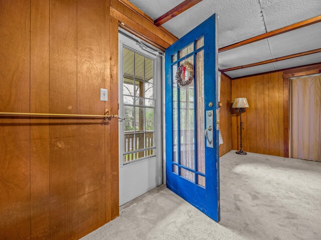 doorway with carpet floors and wooden walls