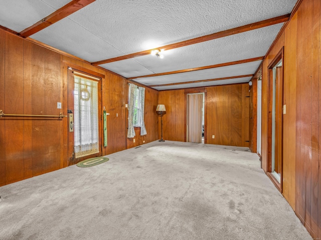 carpeted spare room with wooden walls