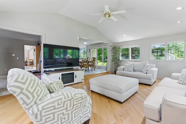 17 Pasture Ln, Glastonbury, CT 06073 - living area with lofted ceiling, healthy amount of natural light, light wood-style floors, a ceiling fan, and recessed lighting