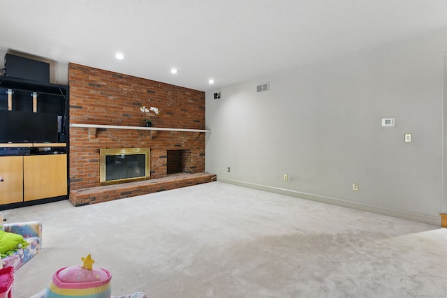 17 Pasture Ln, Glastonbury, CT 06073 - unfurnished living room featuring carpet floors, baseboards, a brick fireplace, and recessed lighting