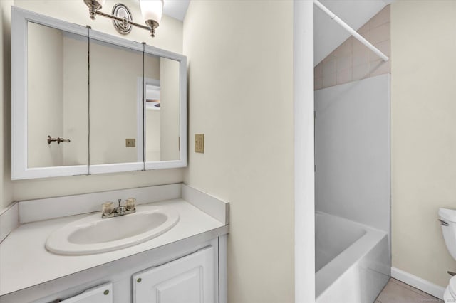 full bath featuring toilet, vanity, and tile patterned flooring