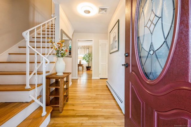 35 Hampton Ln, Stamford, CT 06903 - foyer entrance with a baseboard heating unit, light wood-style floors, stairs, and baseboards