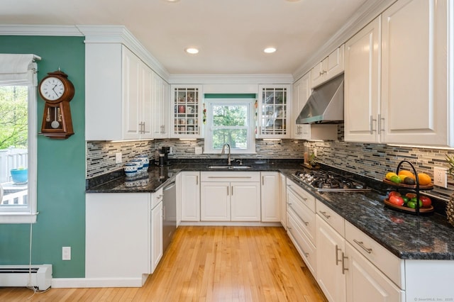 35 Hampton Ln, Stamford, CT 06903 - kitchen with under cabinet range hood, a baseboard heating unit, appliances with stainless steel finishes, a sink, and light wood-style flooring