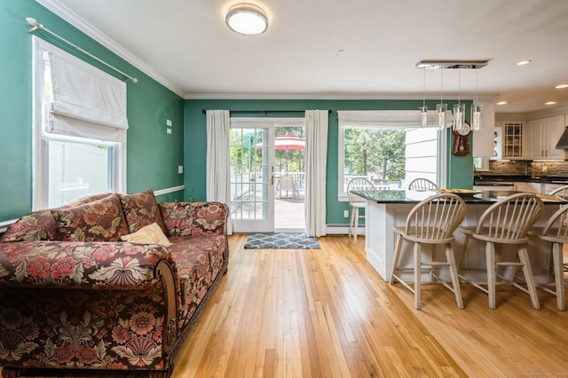 35 Hampton Ln, Stamford, CT 06903 - living room with light wood finished floors, crown molding, baseboards, a baseboard heating unit, and recessed lighting