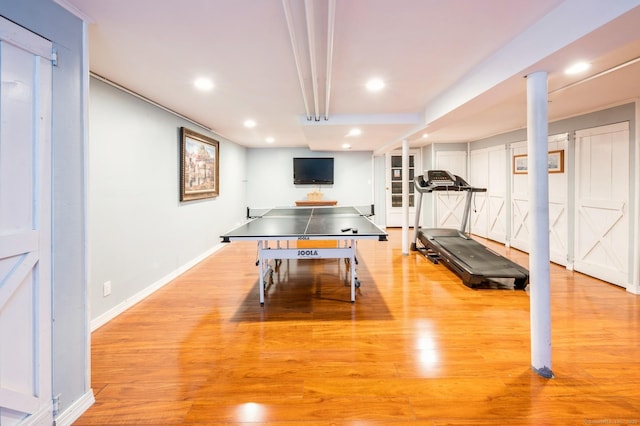 35 Hampton Ln, Stamford, CT 06903 - rec room with recessed lighting, light wood-type flooring, and baseboards
