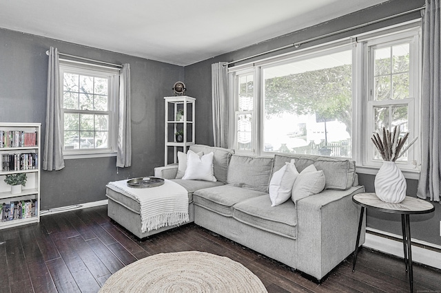 living area featuring baseboards, dark wood finished floors, and baseboard heating