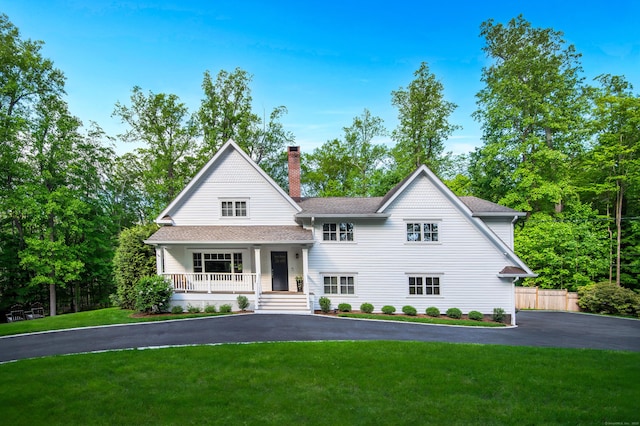 72 S Salem Rd, Ridgefield, CT 06877 - view of front of house with driveway, covered porch, a chimney, and roof with shingles