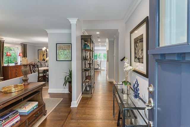 72 S Salem Rd, Ridgefield, CT 06877 - hall with healthy amount of natural light, dark wood-style floors, crown molding, and baseboards