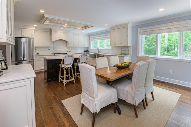 72 S Salem Rd, Ridgefield, CT 06877 - dining space featuring crown molding, dark wood-style floors, recessed lighting, baseboards, and a raised ceiling