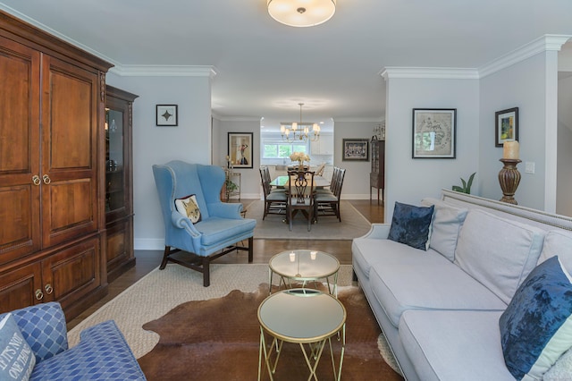 72 S Salem Rd, Ridgefield, CT 06877 - living room featuring a chandelier, ornamental molding, wood finished floors, and baseboards