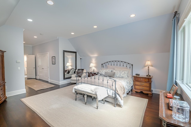 72 S Salem Rd, Ridgefield, CT 06877 - bedroom featuring dark wood-style flooring, recessed lighting, baseboards, and vaulted ceiling