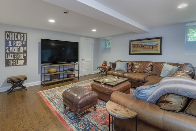 72 S Salem Rd, Ridgefield, CT 06877 - living room featuring dark wood-style flooring, recessed lighting, and baseboards