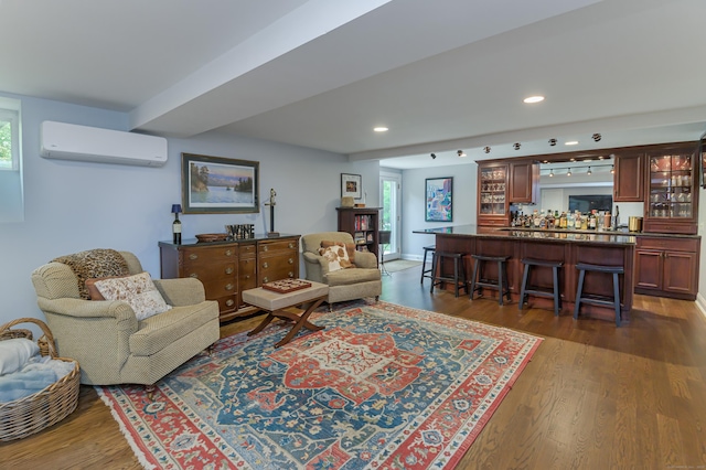 72 S Salem Rd, Ridgefield, CT 06877 - living room featuring an AC wall unit, bar, wood finished floors, and recessed lighting