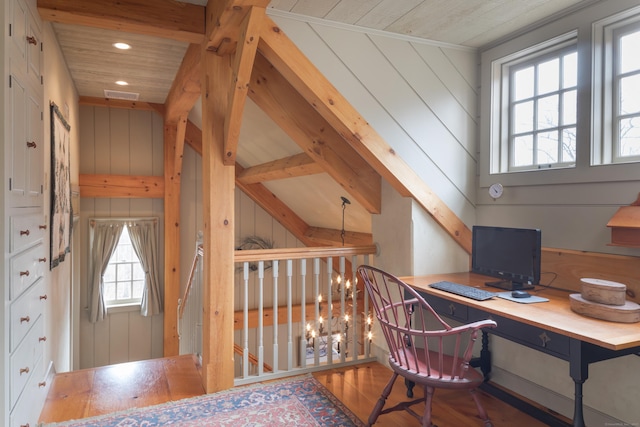 home office featuring wood ceiling, wooden walls, wood finished floors, and recessed lighting