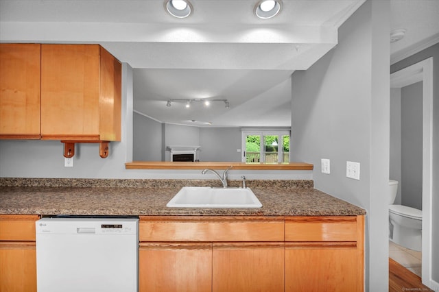37 Valley Run Dr Unit 37, Cromwell, CT 06416 - kitchen featuring white dishwasher, a sink, track lighting, and dark countertops