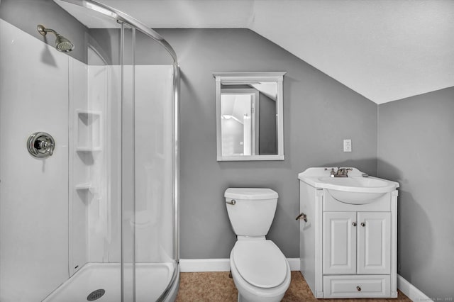 37 Valley Run Dr Unit 37, Cromwell, CT 06416 - full bath with a stall shower, lofted ceiling, baseboards, vanity, and toilet