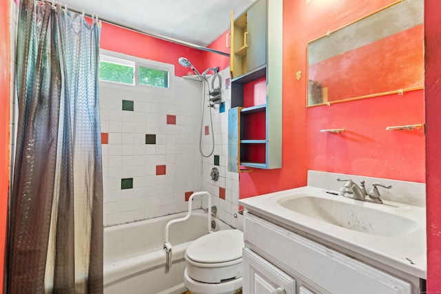 full bathroom featuring vanity, shower / bath combo, and toilet