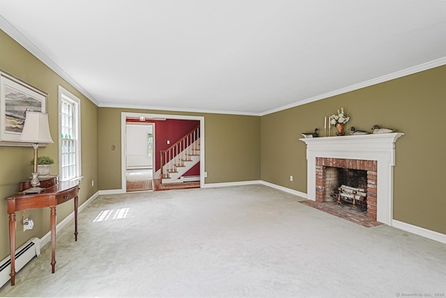 37 Pulpit Rock Rd, Woodstock, CT 06281 - unfurnished living room with baseboard heating, ornamental molding, carpet flooring, and stairs