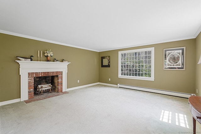 unfurnished living room with carpet flooring, a brick fireplace, baseboards, baseboard heating, and ornamental molding