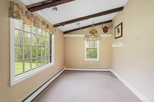 spare room with a baseboard radiator, plenty of natural light, and vaulted ceiling with beams