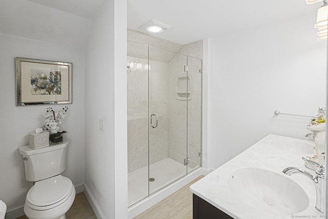 bathroom featuring a sink, double vanity, toilet, and a stall shower