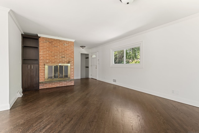 16 Wakerobin Rd, Norwalk, CT 06851 - unfurnished living room featuring dark wood-style flooring, crown molding, baseboards, and a fireplace