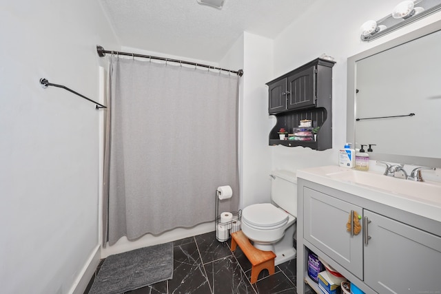 bathroom featuring toilet, a shower with shower curtain, marble finish floor, and vanity