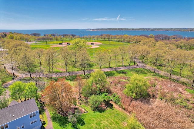 bird's eye view with a water view