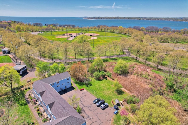 drone / aerial view with a water view