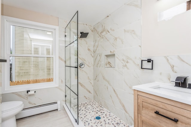75 Edwards St, Bridgeport, CT 06606 - bathroom featuring a baseboard heating unit, a marble finish shower, toilet, tile walls, and vanity