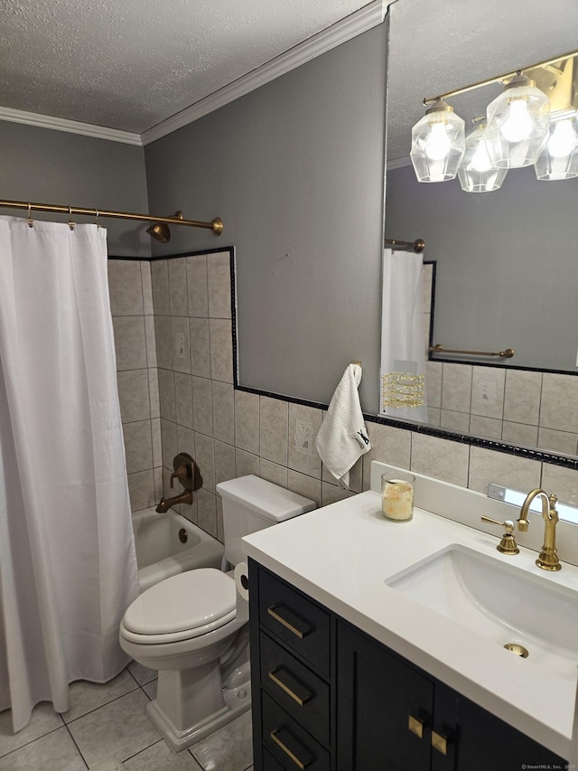 bathroom with crown molding, tile walls, tile patterned floors, and a textured ceiling