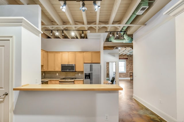43 Chestnut St Unit 106, New Haven, CT 06511 - kitchen with stainless steel appliances, rail lighting, light brown cabinets, decorative backsplash, and light countertops