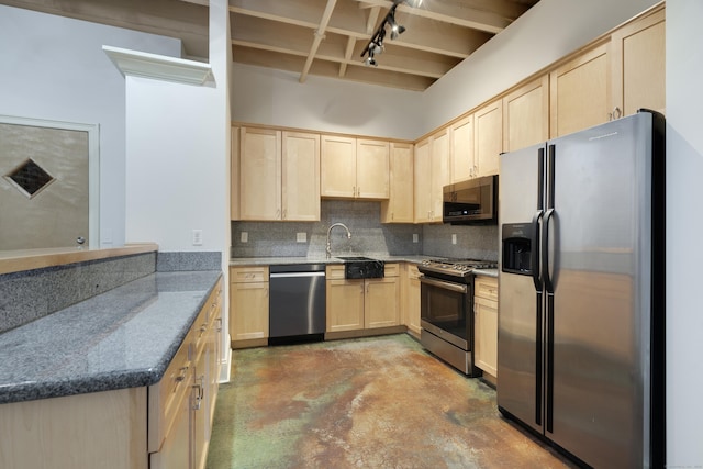 43 Chestnut St Unit 106, New Haven, CT 06511 - kitchen featuring stainless steel appliances, light brown cabinets, concrete flooring, tasteful backsplash, and dark stone countertops
