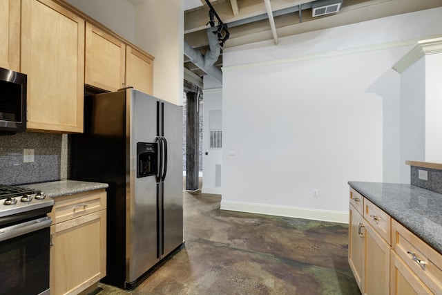 43 Chestnut St Unit 106, New Haven, CT 06511 - kitchen featuring appliances with stainless steel finishes, concrete flooring, light brown cabinets, and decorative backsplash