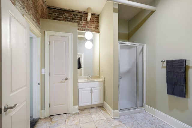 43 Chestnut St Unit 106, New Haven, CT 06511 - full bathroom with vanity, a stall shower, and brick wall