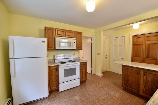 kitchen featuring baseboards, a baseboard radiator, brown cabinetry, and white appliances