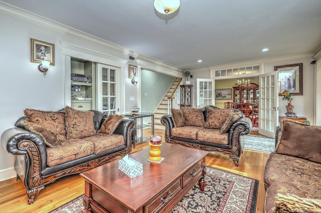 1440 Straits Tpke, Middlebury, CT 06762 - living area featuring stairs, recessed lighting, ornamental molding, and light wood-type flooring